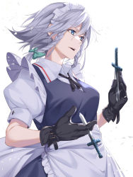 Rule 34 | 1girl, apron, asutora, belt, between fingers, black gloves, blue eyes, bow, braid, breasts, commentary request, gloves, green bow, hair bow, highres, holding, izayoi sakuya, knife, maid headdress, medium breasts, parted lips, puffy short sleeves, puffy sleeves, short sleeves, silver hair, simple background, solo, touhou, twin braids, waist apron, white background, wing collar