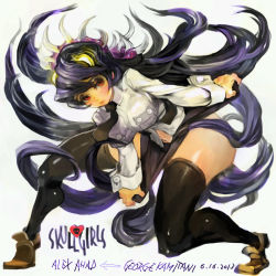 Rule 34 | 1girl, artist name, bent over, black hair, black thighhighs, blush, breasts, clothes pull, copyright name, english text, fangs, filia (skullgirls), full body, futakuchi-onna, highres, impossible clothes, impossible shirt, kamitani george, large breasts, loafers, long hair, midriff, navel, necktie, official art, open mouth, pout, prehensile hair, red eyes, samson (skullgirls), school uniform, shirt, shoes, simple background, skirt, skirt pull, skullgirls, solo, standing, teeth, thighhighs, very long hair, white background, yellow eyes, zettai ryouiki