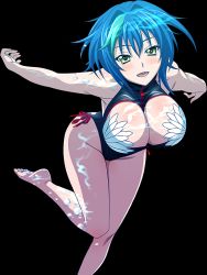 Rule 34 | 10s, 1girl, barefoot, blue hair, breasts, cleavage, cleavage cutout, clothing cutout, feet, high school dxd, highres, large breasts, looking at viewer, official art, short hair, smile, solo, swimsuit, xenovia quarta, yellow eyes