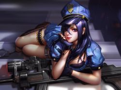 Rule 34 | 1girl, absurdres, alternate costume, arm support, blue hair, bra, braid, caitlyn (league of legends), cuffs, fingerless gloves, glasses, gloves, gun, handcuffs, hat, highres, league of legends, liang xing, long hair, looking at viewer, lying, necktie, officer caitlyn, on side, police, police hat, police uniform, policewoman, purple eyes, rifle, short sleeves, skirt, sniper rifle, solo, stairs, underwear, uniform, weapon