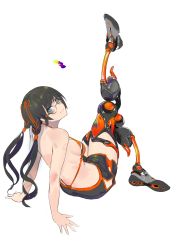 Rule 34 | 1girl, amputee, bare shoulders, black hair, blush, closed mouth, color guide, glasses, green eyes, highres, juusakai erugo, looking at viewer, looking back, mechanical legs, orange-framed eyewear, original, simple background, sitting, smile, solo, twintails, white background