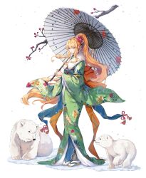 Rule 34 | 1girl, animal ears, artist request, beads, bear, bear ears, berry, blonde hair, blue tassel, branch, closed mouth, cub, final gear, floral print kimono, floral print sleeves, floral print umbrella, flower, flower knot, flower ornament, full body, furisode, furisode sleeves, green kimono, green sleeves, hair flower, hair ornament, half updo, high ponytail, highres, hiki furisode, holding, holding umbrella, japanese clothes, kimono, long hair, long sidelocks, long sleeves, natasha (final gear), obi, obiage, obidome, obijime, official art, oil-paper umbrella, parasol, polar bear, ponytail, purple eyes, red flower, red ribbon, red tassel, ribbon, sandals, sash, sidelocks, simple background, snow, snowing, socks, solo, standing, tabi, tachi-e, third-party source, transparent background, umbrella, very long hair, white flower, white socks, white umbrella, wide sleeves, yellow flower, zouri