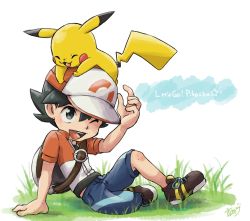 Rule 34 | 1boy, animal, animal on head, arm support, backpack, bag, baseball cap, black eyes, black hair, black shirt, blouse, capri pants, chase (pokemon), copyright name, creatures (company), game freak, gen 1 pokemon, hat, looking at another, male focus, miyako ameko, nintendo, on head, open mouth, pants, pikachu, pokemon, pokemon (creature), pokemon lgpe, pokemon on head, shirt, shoes, short sleeves, smile, sneakers, striped clothes, striped footwear