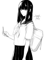 Rule 34 | 1girl, blunt bangs, carrying over shoulder, cellphone, collarbone, greyscale, hime cut, lips, looking at viewer, lynus, monochrome, original, phone, pleated skirt, sailor collar, skirt, smartphone, solo, uniform