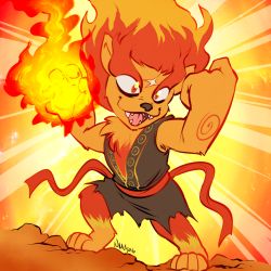 Rule 34 | 10s, 1boy, 2016, clenched hand, fire, flaming hair, lion, male focus, meramelion, nostalgia-phantom, open mouth, red eyes, scar, sharp teeth, smile, teeth, traditional youkai, youkai watch