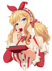 Rule 34 | 1girl, blonde hair, blue eyes, blush, bow, bowtie, cleavage cutout, clothing cutout, commentary request, cropped torso, dress, earrings, eating, food, frilled hairband, frills, hair ribbon, hairband, half-closed eyes, heart, heart earrings, holding, holding food, idolmaster, idolmaster cinderella girls, jewelry, long hair, long sleeves, looking at viewer, mattaku mousuke, ohtsuki yui, open mouth, pink ribbon, red bow, red bowtie, red dress, red hairband, ribbon, shoulder cutout, simple background, solo, twintails, twitter username, upper body, white background