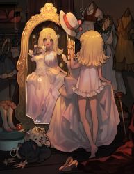 Rule 34 | 1girl, ashita no nadja, blonde hair, blue eyes, boots, bow, chemise, child, clothes hanger, costume, dress, full-length mirror, gloves, glowing, hat, high heels, highres, indoors, knee boots, lion, long hair, mirror, nadja applefield, parted bangs, shoes, solo, unworn boots, unworn gloves, unworn hat, unworn headwear, unworn shoes, white hat, yerm