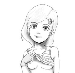 Rule 34 | 1girl, breasts, clothes lift, eyebrows hidden by hair, eyelashes, eyes visible through hair, eyeshadow, flashing, flower, gloves, hair flower, hair ornament, lifted by self, lineart, long hair, looking at viewer, makeup, metal gear (series), nipples, okamisaga, shirt, shirt lift, simple background, smile, sunny gurlukovich, white background