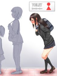 Rule 34 | 3girls, apotea, arrow (symbol), backpack, bag, black socks, black sweater, blue skirt, blush, breasts, brown footwear, brown hair, closed mouth, embarrassed, english text, faceless, faceless female, female focus, from side, full body, green eyes, hand in pocket, handbag, have to pee, heel up, highres, idolmaster, idolmaster cinderella girls, kneehighs, leaning forward, long hair, long sleeves, miniskirt, multiple girls, necktie, nose blush, pants, pleated skirt, profile, queue, school uniform, shibuya rin, shirt, shoes, short hair, sign, skirt, small breasts, socks, solo focus, standing, striped neckwear, sweat, sweater, textless version, wavy mouth, white shirt