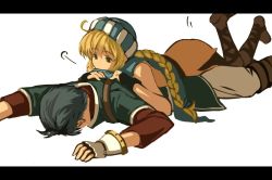 Rule 34 | 1boy, 1girl, ahoge, bad id, bad pixiv id, blonde hair, blue hair, boots, braid, faceplant, fingerless gloves, fire emblem, fire emblem: genealogy of the holy war, gloves, harusame (rueken), hat, lester (fire emblem), letterboxed, lying, lying on person, nintendo, on person, on stomach, patty (fire emblem), petite, ponytail, single braid