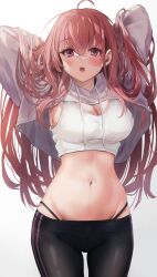 Rule 34 | 1girl, absurdres, ahoge, armpit peek, arms behind head, arms up, black pants, breasts, cleavage, commentary request, cowboy shot, crop top, crop top overhang, drawstring, fang, highleg, highres, hood, hoodie, large breasts, long hair, long sleeves, looking at viewer, midriff, navel, open mouth, original, pants, panty straps, pink hair, purple eyes, shirt, sleeveless, sleeveless shirt, slit pupils, solo, standing, stomach, toratora (nanahaba), track pants, white hoodie, white shirt