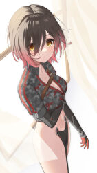 Rule 34 | 1girl, arm under breasts, breasts, brown hair, camouflage, camouflage jacket, chest strap, cleavage, collarbone, cropped jacket, curtains, elbow gloves, gloves, gradient hair, hair between eyes, highres, hololive, jacket, kiukoma, medium breasts, multicolored hair, navel, no pants, partially unzipped, pink hair, roboco-san, roboco-san (1st costume), short hair, solo, virtual youtuber, window, yellow eyes, zipper pull tab