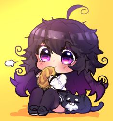 Rule 34 | 1girl, absurdres, ahoge, bad id, bad twitter id, black cat, black footwear, black thighhighs, blush, bread, cat, chibi, commentary, eating, english commentary, closed eyes, food, full body, highres, holding, messy hair, nyarla (osiimi), original, osiimi, purple eyes, purple hair, simple background, solo, thighhighs, yellow background