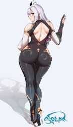 Rule 34 | 1girl, ass, back, back cutout, bodysuit, clothing cutout, curvy, fake (lord socar), from behind, genshin impact, hair ornament, high heels, highres, huge ass, long hair, looking at viewer, looking back, shenhe (genshin impact), simple background, solo, standing, thick thighs, thighs, tight clothes, white background, white hair, wide hips