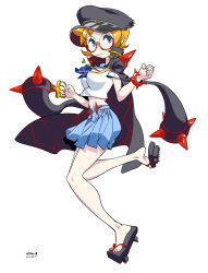Rule 34 | 1girl, alternate costume, bearthemighty, black headwear, blue eyes, blue skirt, bracelet, brass knuckles, breasts, clenched hand, dated, freckles, full body, glasses, hat, highres, initials, jacket, jacket on shoulders, jewelry, kill la kill, little witch academia, lotte jansson, mankanshoku mako, medium breasts, mouth hold, orange hair, short hair, simple background, skirt, spiked bracelet, spikes, standing, weapon, white background