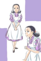 Rule 34 | 1girl, apron, black eyes, black footwear, dress, gonta (kmga), hairstyle request, himi (kimitachi wa dou ikiru ka), kimitachi wa dou ikiru ka, looking at viewer, medium hair, multiple views, open mouth, purple dress, simple background, smile, solo