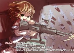 Rule 34 | 1girl, blonde hair, commentary request, doorgunner (full metal jacket), female focus, full metal jacket, gaoo (frpjx283), green eyes, gun, jealous, looking at viewer, machine gun, mizuhashi parsee, open mouth, parody, paru paru, pointy ears, shell casing, short hair, smile, solo, touhou, translated, valentine, weapon