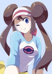 Rule 34 | 1girl, 34 (sanjushi), blue eyes, breasts, brown hair, closed mouth, collarbone, creatures (company), double bun, game freak, hair bun, highres, long hair, looking at viewer, nintendo, one eye closed, pantyhose, pokemon, pokemon bw2, rosa (pokemon), simple background, solo, twintails, visor cap