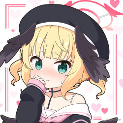 Rule 34 | 1girl, beret, black choker, black hat, black shirt, black wings, blonde hair, blue archive, blush, choker, closed mouth, collarbone, commentary request, cosplay, feathered wings, gochuumon wa usagi desu ka?, green eyes, halo, hand up, hat, head wings, heart, kirima syaro, koharu (blue archive), koharu (blue archive) (cosplay), long sleeves, looking at viewer, mitya, nose blush, puffy long sleeves, puffy sleeves, sailor collar, shirt, simple background, sleeves past wrists, solo, twintails, twitter username, upper body, wavy mouth, white background, white sailor collar, wings