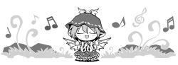 Rule 34 | 1girl, chibi, female focus, greyscale, highres, monochrome, mystia lorelei, nature, nekoguruma, outdoors, solo, touhou