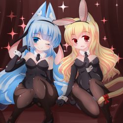 Rule 34 | 2girls, :d, ;), animal ear fluff, animal ears, black footwear, black gloves, black hairband, black leotard, black neckwear, blonde hair, blue eyes, blue hair, blush, breasts, brown legwear, cat ears, cat girl, cat tail, cleavage, closed mouth, collar, commentary request, detached collar, elbow gloves, fake animal ears, feet out of frame, fox ears, fox girl, fox tail, gloves, hair between eyes, hairband, highres, kanijiru, kittysuit, leotard, long hair, medium breasts, multiple girls, nontraditional playboy bunny, one eye closed, open mouth, original, pantyhose, playboy bunny, rabbit ears, red eyes, red ribbon, ribbon, shoes, smile, sparkle, strapless, strapless leotard, tail, tail ornament, tail ribbon, very long hair, white collar, wing collar, wrist cuffs