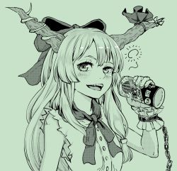 Rule 34 | 1girl, absurdres, blush, bow, can, chain, commentary request, fangs, green background, green theme, hair bow, highres, holding, holding can, horn bow, horn ornament, horns, ibuki suika, long hair, looking at viewer, monochrome, natsushiro, open mouth, sidelocks, solo, touhou, upper body