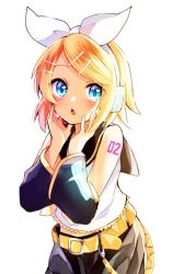 Rule 34 | 1girl, bare shoulders, belt, blonde hair, blue eyes, bow, detached sleeves, hair bow, hair ornament, hairclip, hands on own cheeks, hands on own face, headphones, headset, kagamine rin, leg warmers, mani (second-dimension), number tattoo, open mouth, sailor collar, shirt, short hair, shorts, shoulder tattoo, siblings, sleeveless, sleeveless shirt, solo, swept bangs, tattoo, twins, vocaloid, white bow