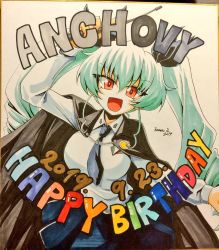 Rule 34 | 1girl, :d, anchovy (girls und panzer), anzio school uniform, arm up, artist name, beret, birthday, black cape, black hat, black necktie, black ribbon, black skirt, cape, character name, commentary request, dated, dress shirt, drill hair, emblem, girls und panzer, green hair, hair ribbon, happy birthday, hat, holding, holding riding crop, kamishima kanon, long hair, long sleeves, looking at viewer, marker (medium), miniskirt, necktie, open mouth, photo (medium), pleated skirt, red eyes, ribbon, riding crop, school uniform, shirt, signature, skirt, smile, solo, standing, traditional media, twin drills, twintails, white shirt, wing collar