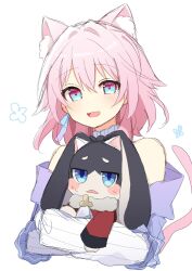 Rule 34 | 1girl, alternate costume, animal ear fluff, animal ears, bare shoulders, blue eyes, blush, cat ears, cat tail, character name, commentary request, creature, cropped torso, dot nose, earrings, hair between eyes, hair intakes, highres, holding, holding creature, honkai: star rail, honkai (series), jewelry, kemonomimi mode, looking at viewer, march 7th (honkai: star rail), medium hair, open mouth, pink eyes, pink fur, pink hair, simple background, single earring, sketch, smile, tail, two-tone eyes, upper body, uwasewau, white background