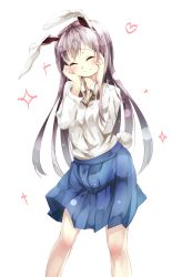Rule 34 | 1girl, ^ ^, animal ears, closed eyes, commentary request, closed eyes, gorilla (bun0615), highres, long hair, pleated skirt, rabbit ears, rabbit girl, rabbit tail, reisen udongein inaba, school uniform, silver hair, simple background, skirt, smile, solo, tail, touhou, white background