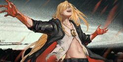 Rule 34 | 1boy, absurdres, black jacket, black pants, blonde hair, blood, blood on hands, closed eyes, coat, earrings, fate/grand order, fate (series), flapper shirt, highres, jacket, jewelry, long hair, male focus, medallion, midriff peek, minatsunen, necklace, no eyewear, pants, parted bangs, shirt, solo, tezcatlipoca (fate), torn clothes, torn shirt, trench coat