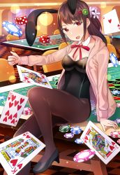 Rule 34 | 1girl, :o, ace (playing card), ace of hearts, animal ears, bad id, bad pixiv id, black footwear, breasts, brown eyes, brown hair, brown pantyhose, card, casino, checkered floor, cleavage, detached collar, dice, fake animal ears, food-themed hair ornament, hair ornament, hairclip, heart, hood, hoodie, indoors, jack (playing card), jack of hearts, king (playing card), king of hearts (playing card), kiwi hair ornament, leotard, medium breasts, neri kouji, original, pantyhose, playboy bunny, playing card, poker chip, queen (playing card), queen of hearts (playing card), rabbit ears, rabbit tail, roulette table, royal flush, shoes, sitting, table, tail