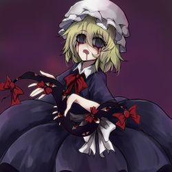 Rule 34 | 1girl, blank eyes, blonde hair, blood, blood on face, bloody tears, bow, collared shirt, crying, crying with eyes open, dress, drooling, gap (touhou), hat, highres, looking at viewer, maribel hearn, medium hair, mob cap, mob cap, purple background, purple dress, red bow, shirt, simple background, solo, tears, tierra misu, touhou
