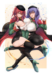 Rule 34 | 2girls, :q, absurdres, ass, azur lane, beret, black cape, black dress, black headwear, black legwear, bra, bra visible through clothes, breast lift, breasts, button gap, buttons, cape, center frills, cleavage, covered navel, curvy, double-breasted, dress, frills, full body, gloves, gold trim, green dress, green footwear, hat, high heels, highres, incest, italian flag, large breasts, long hair, looking at viewer, microdress, multiple girls, oriue wato, outside border, pola (azur lane), purple hair, red cape, red eyes, red hair, see-through, shirt, shoes, simple background, skin tight, skindentation, taut clothes, taut dress, thighhighs, tongue, tongue out, two-tone cape, underwear, unworn shoes, white bra, white gloves, white shirt, yellow eyes, yuri, zara (azur lane)
