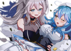 Rule 34 | 2girls, ahoge, animal ears, blue hair, blue skirt, breasts, carrying, cleavage, cleavage cutout, clothing cutout, corset, fang, flower, fur trim, grey eyes, grey hair, hair flower, hair ornament, heart, heart ahoge, heart hair, highres, hololive, large breasts, lion ears, lion girl, lion tail, looking to the side, multiple girls, one eye closed, open mouth, princess carry, see-through, see-through cleavage, shishiro botan, shishiro botan (1st costume), silou b, skirt, smile, surprised, tail, thighhighs, twintails, virtual youtuber, white background, white flower, white headwear, yellow eyes, yukihana lamy, yuri