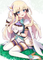 Rule 34 | 1girl, :d, armor, ascot, black bow, blonde hair, blue eyes, blunt bangs, blush, bow, breasts, cape, commentary, dress, elf, faulds, full body, gloves, grass, green shirt, hair bow, hands up, head tilt, high heels, highres, long hair, looking at viewer, medium breasts, open mouth, pointy ears, princess connect!, purple ascot, saren (princess connect!), sazamiso rx, shadow, shirt, sidelocks, simple background, sitting, smile, solo, thighhighs, wariza, white background, white cape, white dress, white footwear, white gloves, white thighhighs, zettai ryouiki