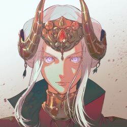 1girl blood blood_splatter blurry blurry_background cape close-up closed_mouth collared_cape double_bun dress edelgard_von_hresvelg fake_horns fire_emblem fire_emblem:_three_houses gradient_background hair_bun hair_up head_only headpiece high_collar horns looking_at_viewer magicalduck21 motion_blur nintendo pink_lips purple_eyes red_cape red_dress shade shaded_face simple_background solo white_hair