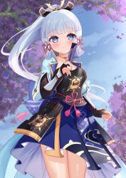 Rule 34 | 1girl, arm guards, armor, armored dress, ayaka (genshin impact), blue eyes, blunt bangs, blurry, bow, cherry blossoms, commentary request, depth of field, folding fan, genshin impact, hair bow, hair ornament, hair ribbon, hair tubes, hand fan, highres, hiyada yuu, holding, holding fan, long hair, looking at viewer, mole, mole under eye, petals, ponytail, ribbon, short sleeves, sidelocks, silver hair, smile, solo, tree, tress ribbon, wind