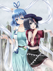 Rule 34 | 2girls, :d, adapted costume, black eyes, black hair, black skirt, blue dress, blue eyes, blue hair, breasts, chinese clothes, cleavage, closed mouth, collarbone, cowboy shot, dress, flower, hagoromo, hair ornament, hair rings, hair stick, hat, highres, jiangshi, kaku seiga, large breasts, looking at viewer, miniskirt, miyako yoshika, multiple girls, navel, off-shoulder dress, off shoulder, ofuda, open clothes, open mouth, open vest, outstretched arms, pale skin, red shirt, ringlets, shawl, shirt, short hair, skirt, smile, star (symbol), touhou, u2 (5798239), vest, white vest, zombie pose