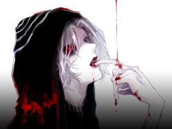 Rule 34 | 10s, 1boy, awara kayu, black hoodie, black nails, black sclera, blood, blood in mouth, blood on clothes, blood on face, colored sclera, commentary request, dripping, dropping, finger in own mouth, fingernails, from side, hair over one eye, heterochromia, hood, hood up, hoodie, looking at viewer, male focus, nail polish, open mouth, out of frame, pale skin, parted bangs, portrait, red eyes, short hair, simple background, solo, spoilers, takizawa seidou, tokyo ghoul, tokyo ghoul:re, white hair