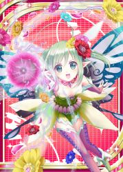 Rule 34 | 1girl, akkijin, bug, butterfly, butterfly wings, card (medium), dress, fairy, fairy wings, flower, green dress, green eyes, green hair, hair flower, hair ornament, insect, insect wings, open mouth, orb, pixie servant (shinkai no valkyrie), pointy ears, shinkai no valkyrie, wings