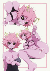 Rule 34 | 1girl, anus, ashido mina, ass, barefoot, bent over, black sclera, boku no hero academia, breasts, colored sclera, colored skin, feet, female pubic hair, flou (flou art), highres, horns, large breasts, looking at viewer, lying, multiple views, naked towel, navel, nipples, nude, on back, open mouth, pink hair, pubic hair, purple skin, pussy, short hair, soles, spread pussy, standing, teeth, toes, towel, uncensored, yellow eyes