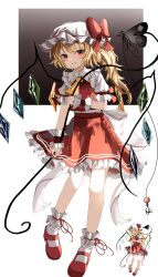 Rule 34 | 1girl, absurdres, bow, commentary, crystal, english commentary, flandre scarlet, full body, hat, hat bow, highres, laevatein (touhou), long hair, looking at viewer, one side up, ougiikun, red bow, red eyes, red footwear, red skirt, red vest, shirt, short sleeves, skirt, socks, solo, touhou, vest, white hat, white shirt, white socks, wings, wrist cuffs