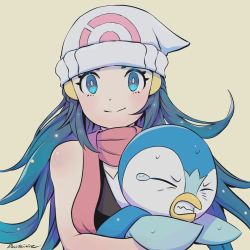 Rule 34 | 1girl, bare arms, beanie, blue eyes, blush, clenched teeth, closed mouth, commentary request, creatures (company), dawn (pokemon), eyelashes, game freak, gen 4 pokemon, grey headwear, hair ornament, hairclip, hat, holding, holding pokemon, long hair, nintendo, piplup, pokemon, pokemon (creature), pokemon bdsp, rousteinire, scarf, shirt, sidelocks, signature, sleeveless, sleeveless shirt, smile, split mouth, sweat, tearing up, teeth, upper body, yellow background