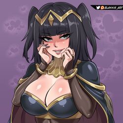 artist_name black_bodysuit black_cape black_eyes black_hair black_nails black_shirt blannis blush bodysuit breasts brown_cape cape cleavage cleavage_cutout clothing_cutout detached_collar excited eyebrows eyelashes fingernails fire_emblem grin hands_on_own_face large_breasts lips long_fingernails long_hair looking_at_viewer matching_hair/eyes multicolored_cape multicolored_clothes nail_polish nintendo nose purple_background shaded_face shirt simple_background smile strapless strapless_shirt teeth tharja_(fire_emblem) two-tone_shirt two_side_up upper_body yandere yellow_cape yellow_collar yellow_shirt