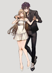 Rule 34 | 1boy, 1girl, black jacket, black nails, black pants, breasts, brown eyes, brown hair, dress, earclip, hand on another&#039;s chin, hetero, highres, holding hands, jacket, jewelry, long hair, messy hair, nail polish, necklace, nozaki tsubata, official art, oxygen (song), pants, ring, short dress, simple background, small breasts, very long hair, white dress, white footwear