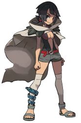 Rule 34 | 10s, 1girl, black hair, breasts, brown hair, cape, cleavage, creatures (company), game freak, highres, nintendo, poke ball, pokemon, pokemon oras, sandals, simple background, solo, thighhighs, third-party edit, zinnia (pokemon)