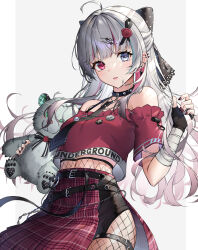 Rule 34 | 1girl, absurdres, ahoge, bandaged wrist, bandages, bare shoulders, belt, black bow, blue hair, bow, breasts, chain, crop top, ear piercing, fingerless gloves, fishnet pantyhose, fishnets, gloves, gradient hair, grey eyes, grey hair, hair bow, heterochromia, highres, holding, holding stuffed toy, ishigami nozomi, ishigami nozomi (1st costume), long hair, medium breasts, multicolored hair, multiple belts, myske (myst34415756), navel, necktie, nijisanji, off shoulder, pantyhose, parted lips, piercing, pink hair, plaid, plaid skirt, red eyes, side slit, skirt, solo, spiked ear piercing, stuffed toy, virtual youtuber