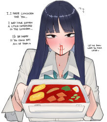 Rule 34 | 1girl, black hair, blood, blood on face, blood on food, blue bow, blush, bow, brown eyes, collared shirt, english text, food, holding, long hair, looking at viewer, lunchbox, nosebleed, ohasi, original, shirt, solo, white background, white shirt
