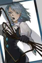Rule 34 | 1girl, ace attorney, arm up, black gloves, black skirt, black vest, blue eyes, blue gemstone, blue hair, blush, bow, bowtie, brooch, collared shirt, dangocious, earrings, franziska von karma, gem, gloves, highres, holding, holding whip, jewelry, juliet sleeves, long sleeves, mole, mole under eye, open mouth, puffy sleeves, shirt, short hair, skirt, sleeve cuffs, solo, swept bangs, upper body, v-shaped eyebrows, vest, white bow, white bowtie, white shirt